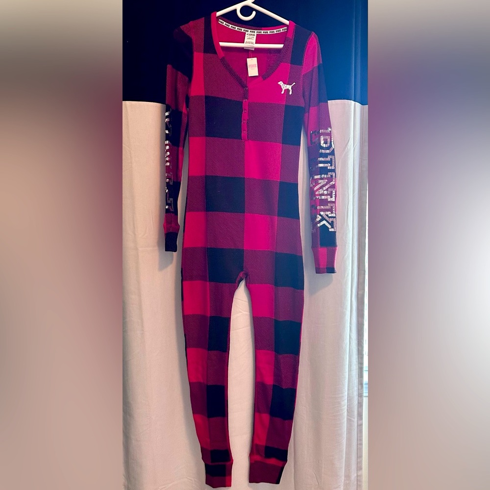 VICTORIA'S SECRET PINK PLAID SEQUIN BLING THERMAL ONE PIECE LONG JANE PAJAMAS